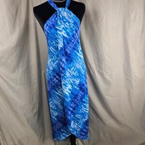 Hill Womens Blue Tie Dye Halter Maxi Dress Wrap Front Open Back Summer Size S/M